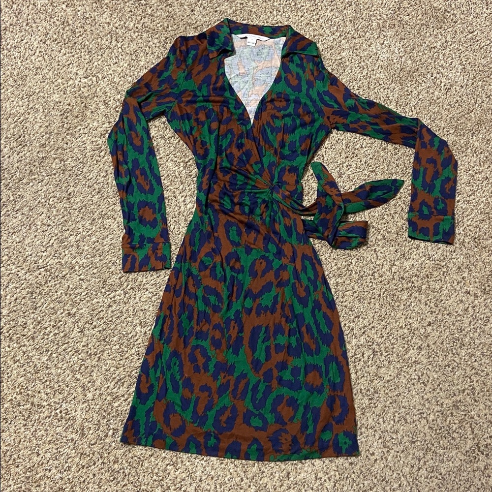 Diane Von Furstenberg Green and Brown Long Sleeve Wrap Dress